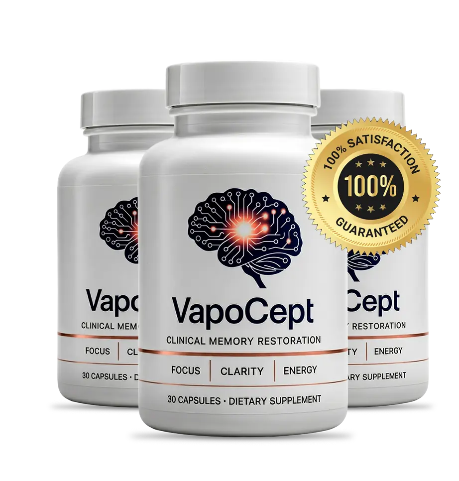 Three bottles of VapoCept brain support supplement with satisfaction guarantee seal